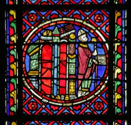 Fenster mit Darstellung einer Szene aus dem Leben des Heiligen Bonnet: Saint Bonnet verlässt Clermont-Ferrand